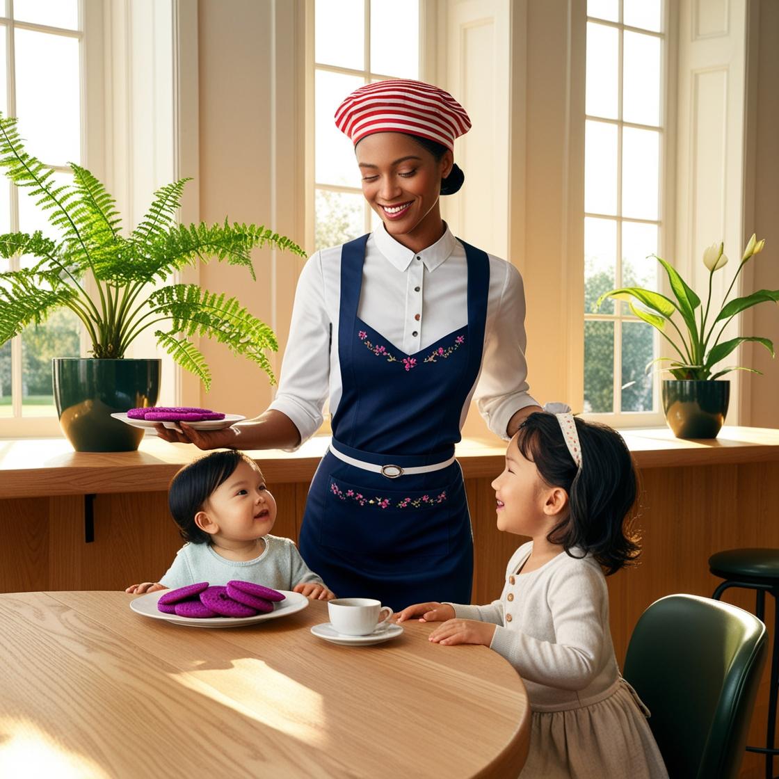 SERVEUSE QUI SERT DES ENFANTS DES COOKIES A L'UBE