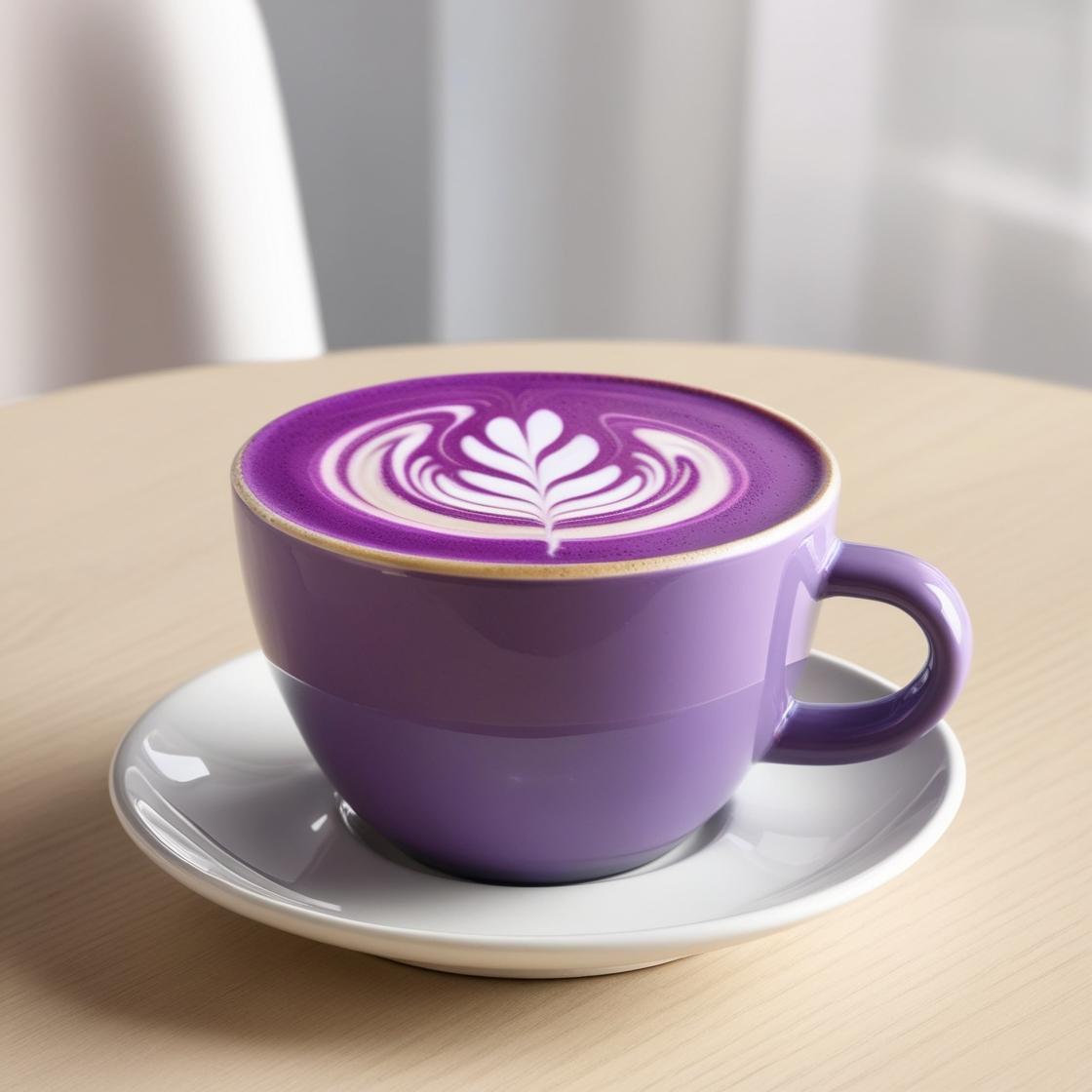 UBE LATTE DANS UNE TASSE AVEC DE LA POUDRE D'UBE DE UEBLIO